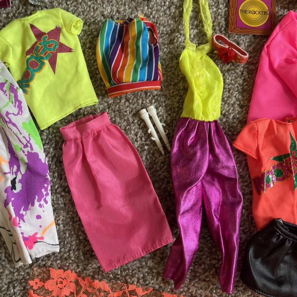 Vtg Rockers Barbie Clothes Lot 80s Neon Accessories Lot Short Tights‎ Fur Skirts